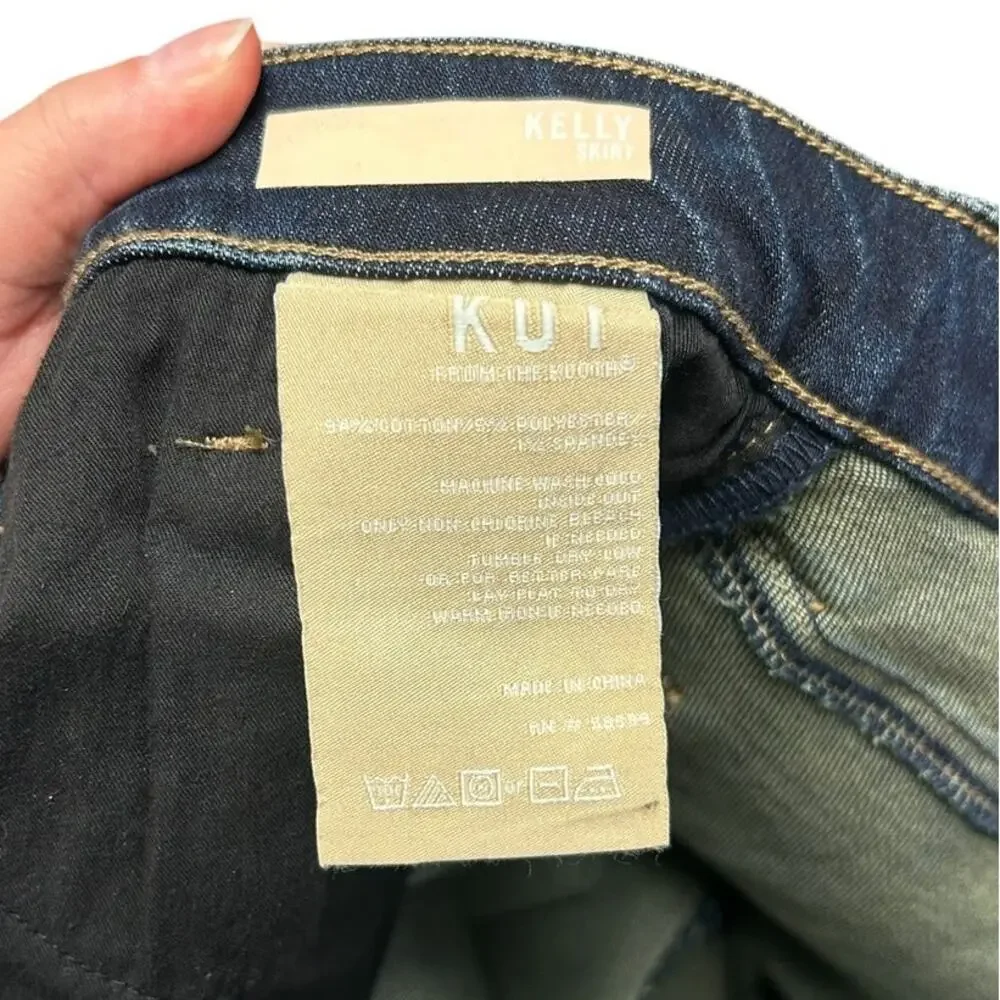 Kut Kelly Dark Wash Denim Raw Hem Fringe Trim 5 Pocket Midi Skirt Womens 10